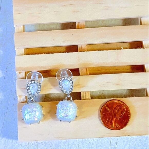 SYNTHETIC OPAL & CZ RHODIUM PLATED STAINLESS STEEL POST EARRINGS - Picture 3 of 6